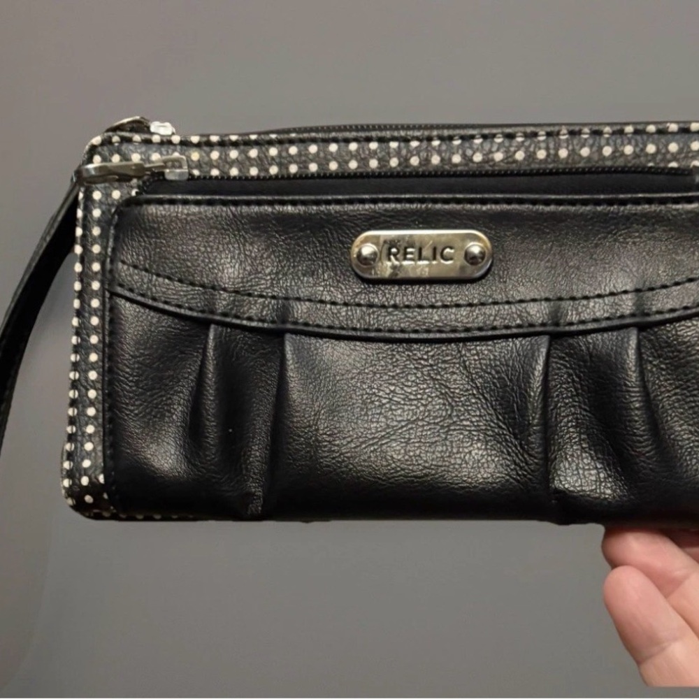 Vintage RELIC Black Faux Leather Wristlet with Silver Accents and Polka Dots